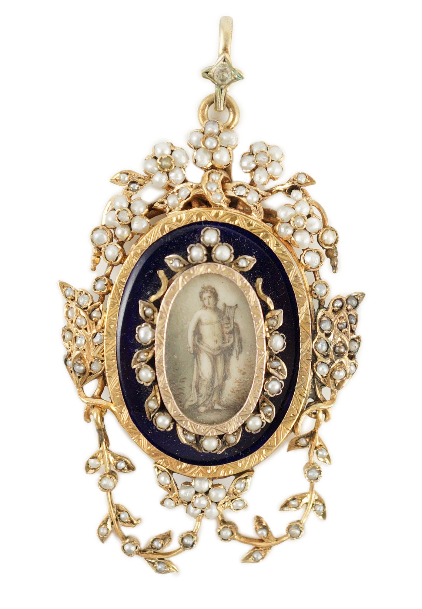 A Regency parcel gilt silver seed pearl and enamel set oval pendant, with inset ivory panel of a semi-clad figure with a lyre